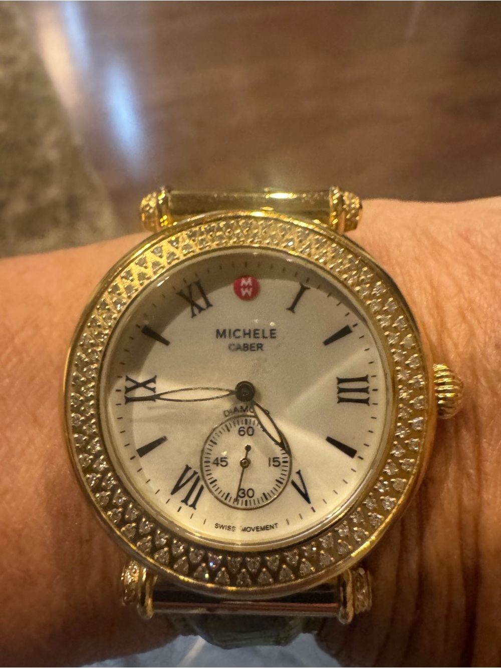 Women's Michele Caber Gold Diamond-Accent Watch with Green Leather Band